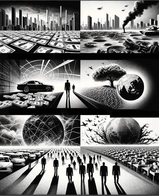 Montage de vignettes dystopiques en noir et blanc.