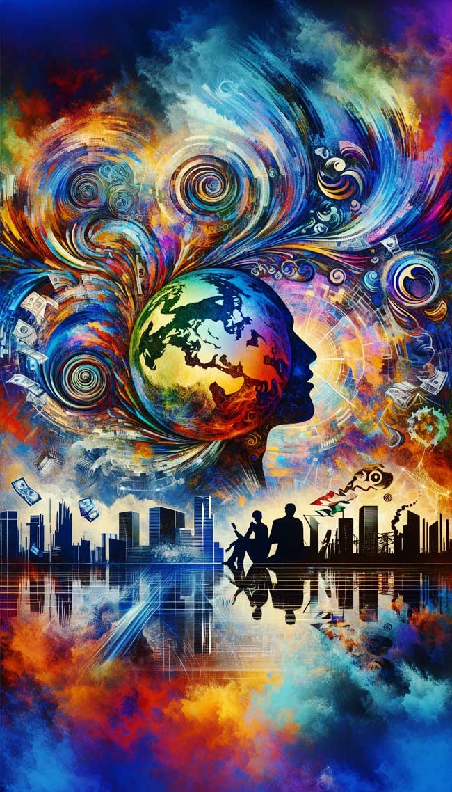 Art abstrait coloré, Terre et silhouettes humaines. Symbolise les changements économiques , politiques et humains à venir dès 2024.