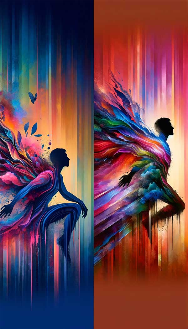 Illustrations colorées abstraites avec silhouettes humaines.