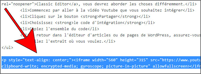 Code d'intégration Youtube