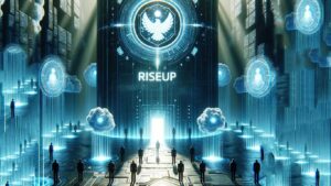 Portail futuriste, hologrammes, "RISE UP", ambiance science-fiction.