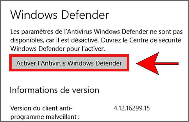 Activer antivirus Windows Defender
