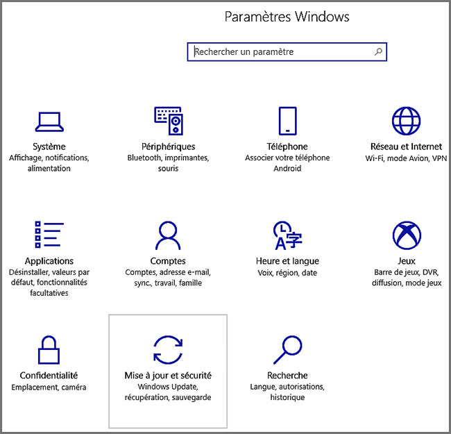 Paramètres Windows Mises à jour et sécurité