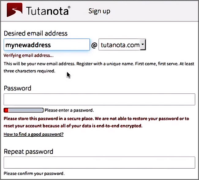 Tutanota : création de compte