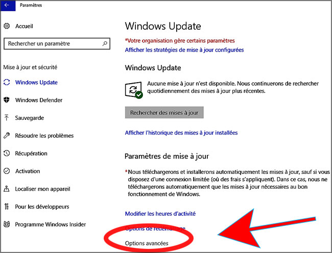Windows Update options avancées