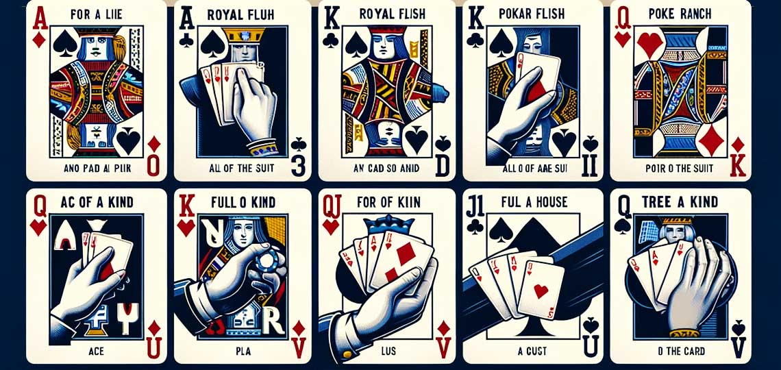 Mains de poker illustrées sur cartes à jouer.