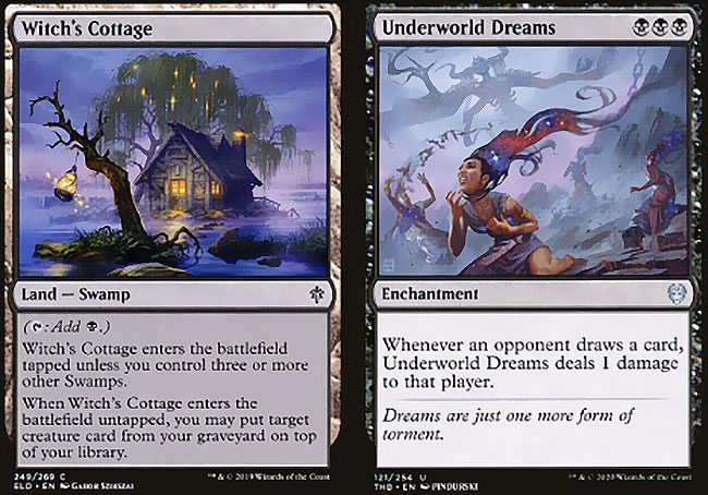 Deux cartes Magic : Witchs cottage et Underworld dreams