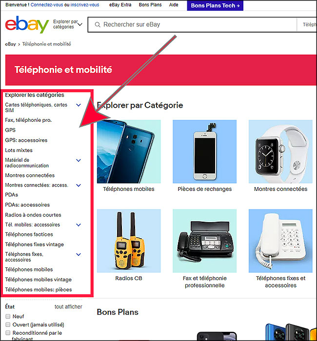 Menu à gauche sur le site Ebay