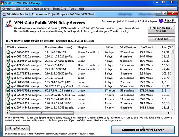Quelques serveurs VPN GATE