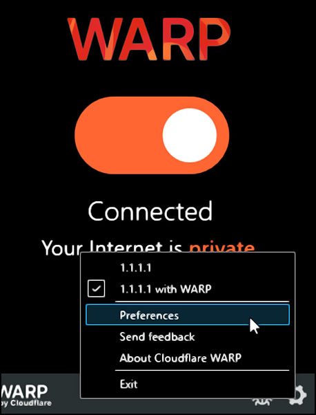 Le service 1.1.1.1 de CloudFlare avec Warp activé
