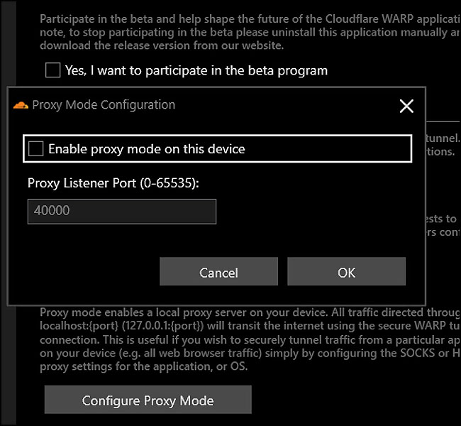 cloudflare warp proxy mode configuration