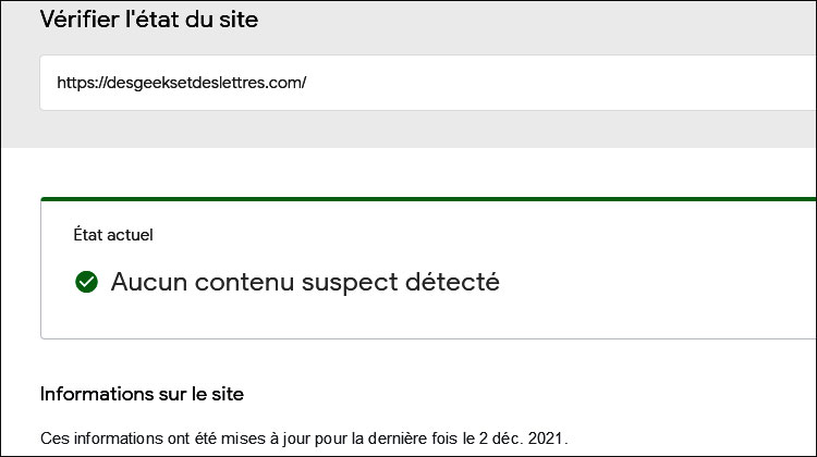 "Vérifier l'état du site" selon Google
