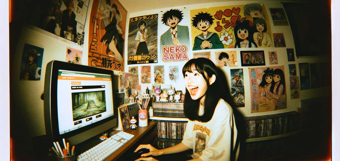 Femme riant, manga, chambre otaku.