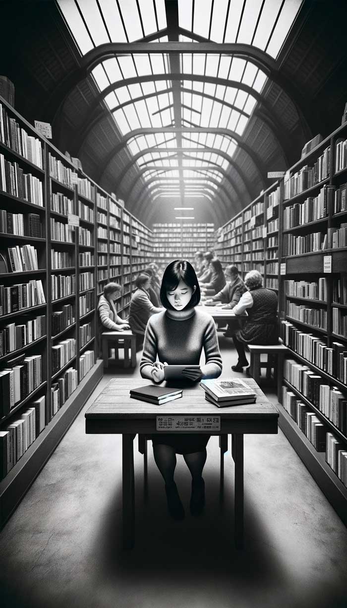 Étudiante lisant tranquillement dans une bibliothèque.