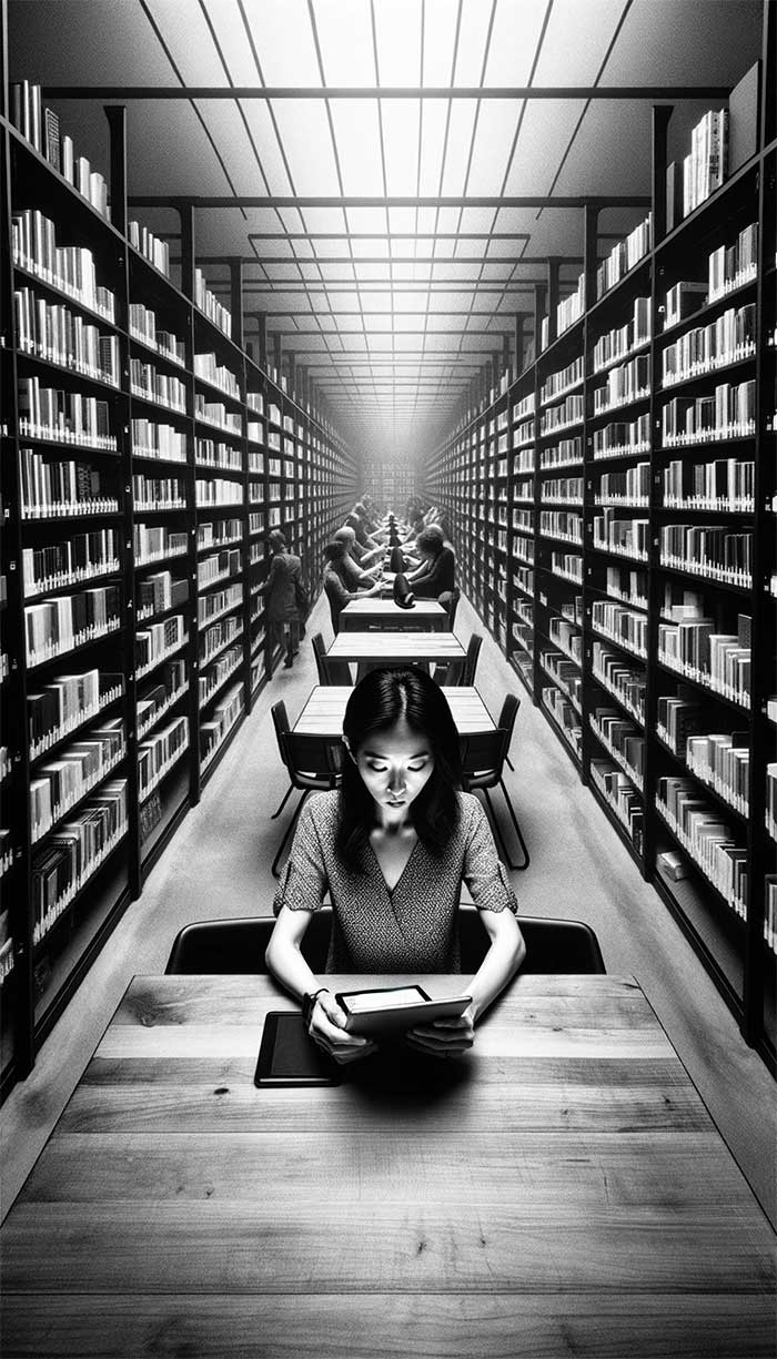 Femme lisant dans une bibliothèque moderne et vaste.