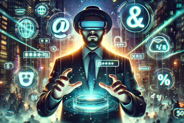 Homme avec réalité virtuelle et icônes numériques futuristes.