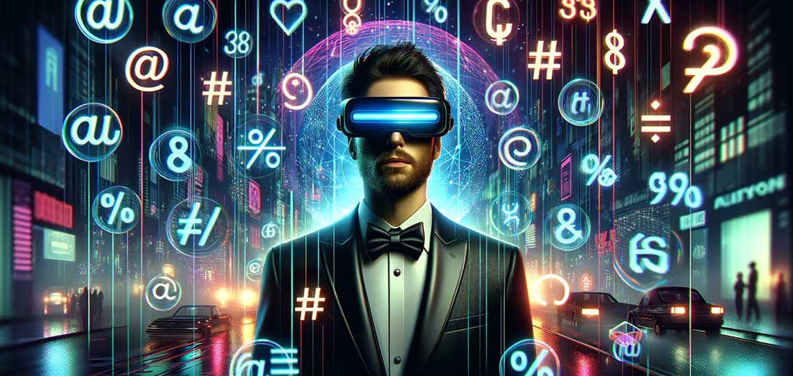 Homme en réalité virtuelle, symboles numériques, ville futuriste.