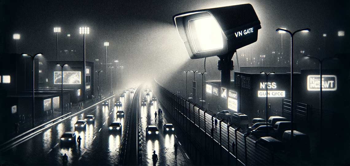 Autoroute urbaine pluvieuse et illuminée de nuit, surveillée par une caméra.