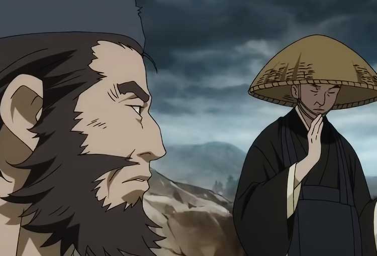 Deux personnages animés, style japonais, discussion sérieuse.