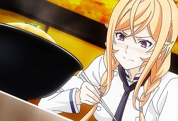 Personnage anime féminin mangeant avec des baguettes.