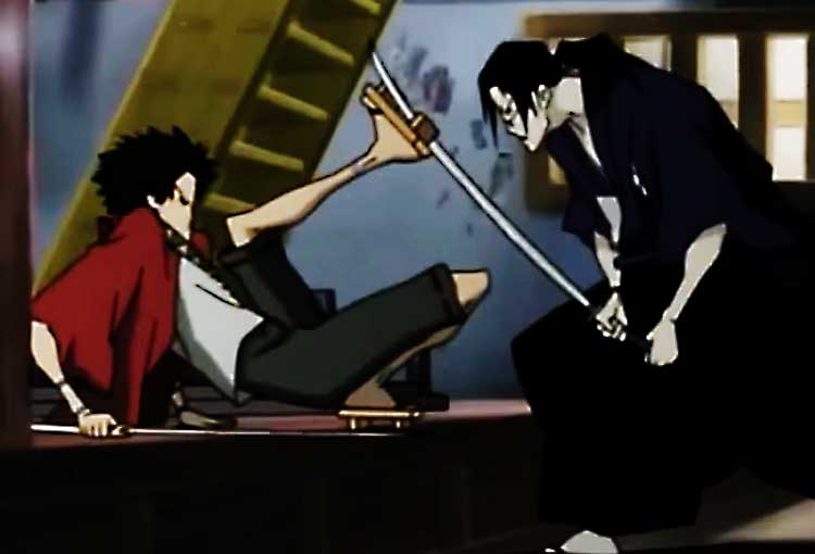 Scène d'anime avec duel au katana.