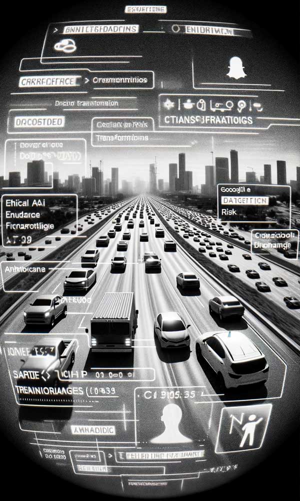 Autoroute futuriste avec interface numérique interactive.