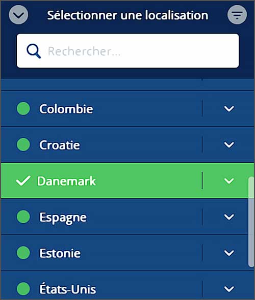 Interface sélection pays, Danemark coché.