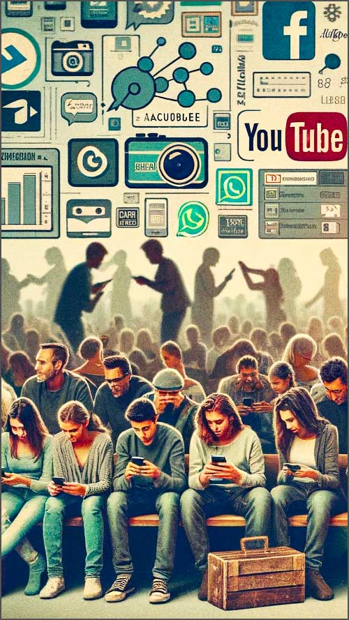 Personnes absorbées par smartphones, logos médias sociaux.