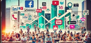 Salle de classe moderne et icônes de réseaux sociaux.