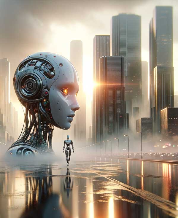 Robot féminin futuriste, ville dystopique.
