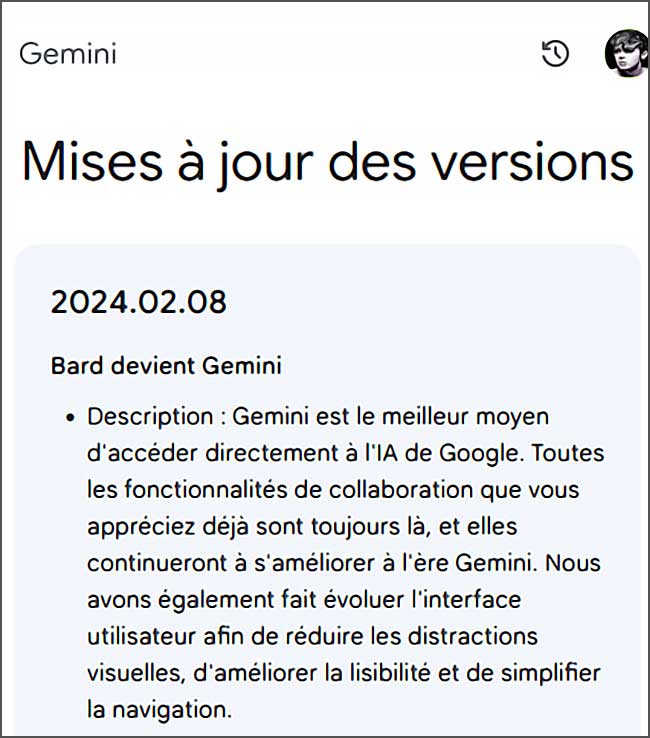 Capture d'écran, mise à jour logiciel Gemini le 08/02/2024
