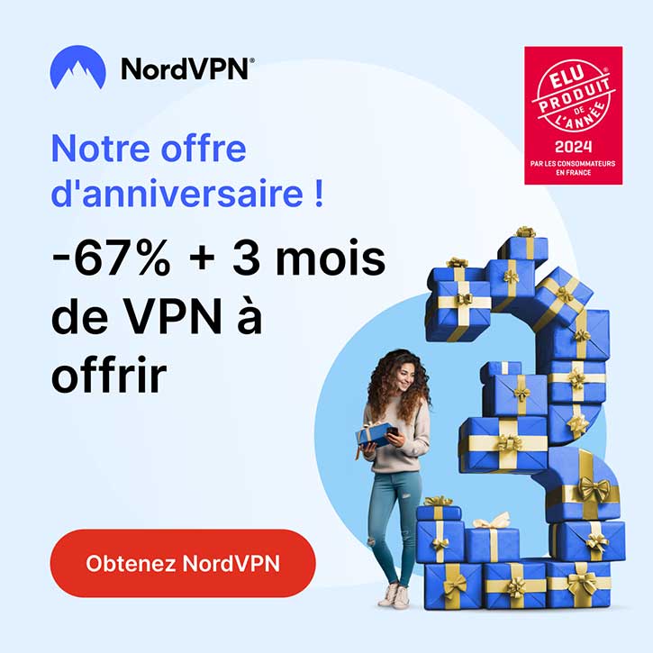 Publicité NordVPN avec offre anniversaire.