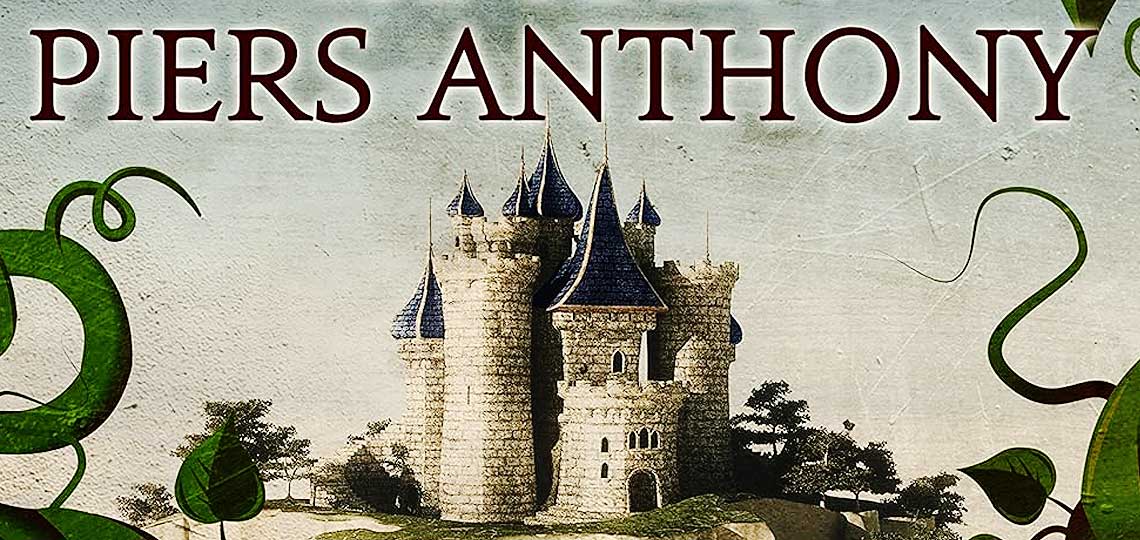 Château médiéval, lianes, texte "Piers Anthony".