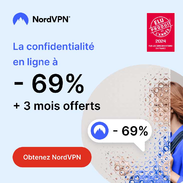 Publicité NordVPN offrant réduction de 69%.