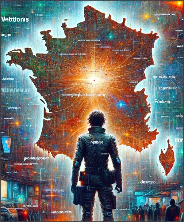 Affiche futuriste avec silhouette et carte de France.