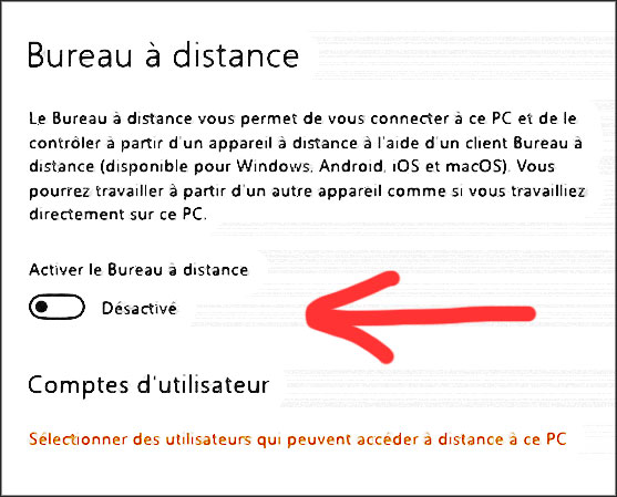Interface Windows indiquant que le Bureau à distance est désactivé