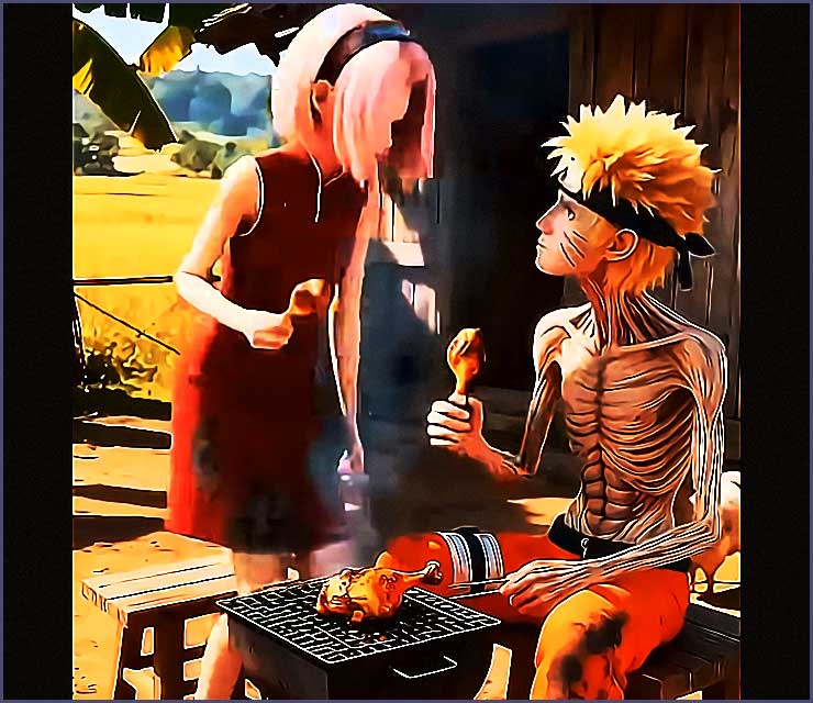 Naruto pauvre et triste face à Sakura, scène de la vidéo IA